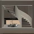Wooden Spiral Staircase in Modern Interior with Warm Lighting Small Plants and Stones