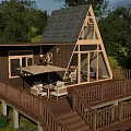Cozy A Frame Wooden House Interior With Large Glass Windows Staircase And Sofa