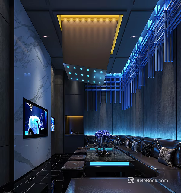 Modern KTV Interior With Blue Lighting Leather Sofas And Large TV Screens 3d model