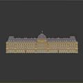 Classical Hotel Building with Yellow Facade Dark Gray Mansard Roof Symmetrical Design and Ornate Columns
