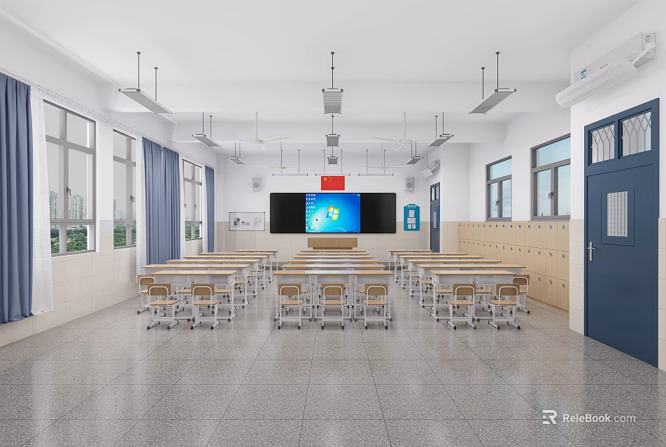 School Classroom With Desks Chairs Electronic Screen Lockers Windows Curtains And Ceiling Lights 3d model 