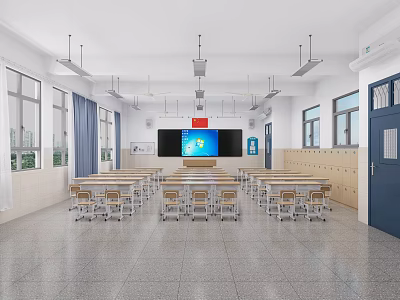School Classroom With Desks Chairs Electronic Screen Lockers Windows Curtains And Ceiling Lights 3d model