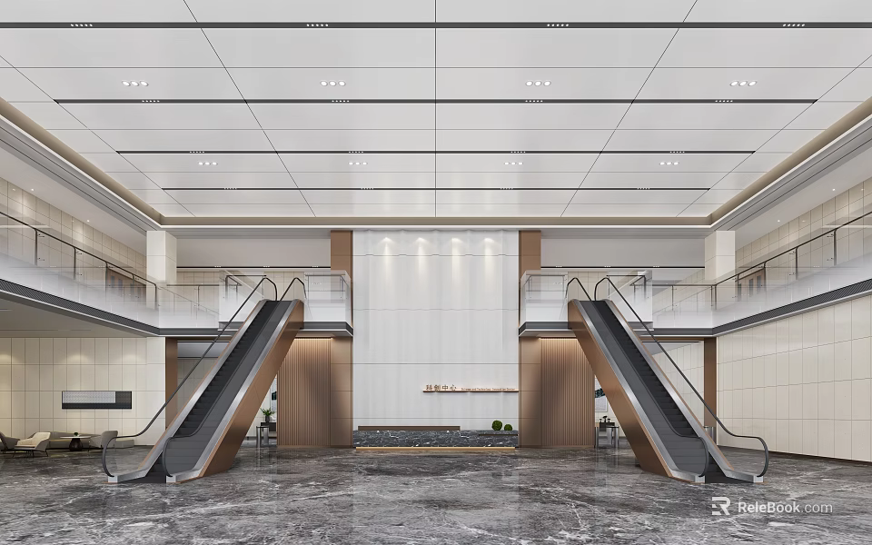 Modern Hotel Lobby Interior With Escalators Marble Flooring And Ceiling Lights 3d model