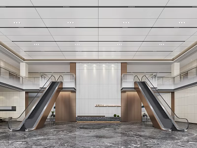 Modern Hotel Lobby Interior With Escalators Marble Flooring And Ceiling Lights 3d model