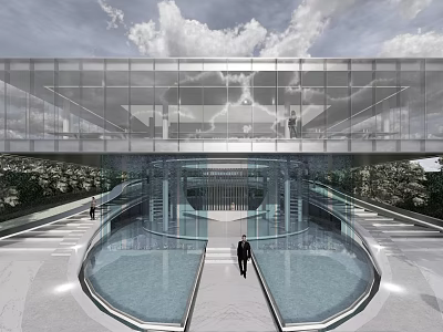Modern Sales Office Building With Glass Facade And Water Feature Entrance 3d model