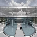 Modern Sales Office Building With Glass Facade And Water Feature Entrance