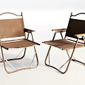 Two Foldable Leisure Chairs With Metal Frame And Brown Fabric Seat
