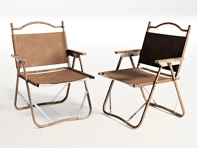 Two Foldable Leisure Chairs With Metal Frame And Brown Fabric Seat 3d model