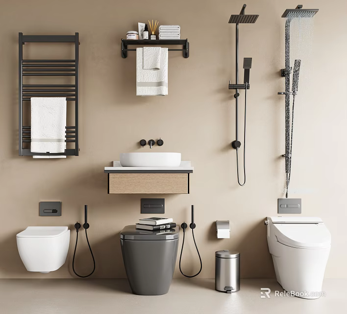 Modern Bathroom Set With Wooden Vanity Grey Toilet Black Towel Rail And Shower 3d model 