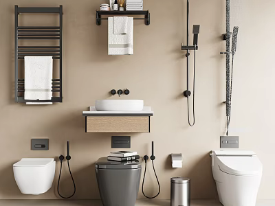 Modern Bathroom Set With Wooden Vanity Grey Toilet Black Towel Rail And Shower 3d model