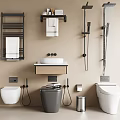 Modern Bathroom Set With Wooden Vanity Grey Toilet Black Towel Rail And Shower