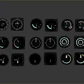Various Dashboard Gauges With Circular Square Shapes And Illuminated Indicators On Reflective Dark Background