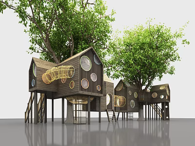 Elevated Wooden Cottages With Circular Windows And Trees Around Modern Design 3d model