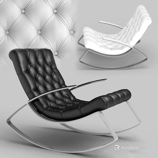 Modern Black and White Leather Upholstered Tufted Accent Chair With Metal Frame Rocking Design 3d model 