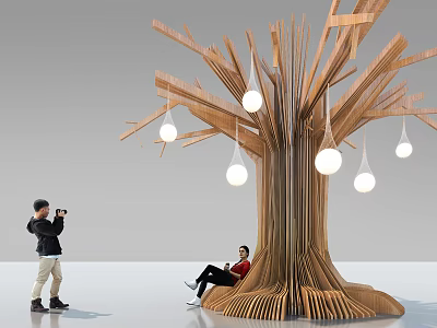 Wooden Tree Shaped Column With Hanging White Spherical Lights And People Resting 3d model