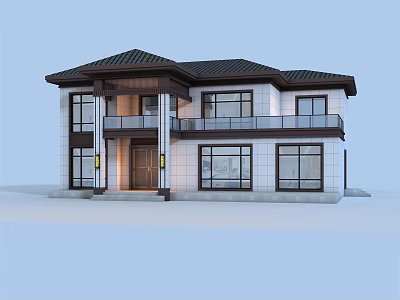 Two Story Detached Villa With Dark Roof Front Balcony And Large Windows 3d model