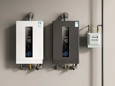 Two White And Black Wall Mounted Water Heaters With Digital Display And Gas Meter 3d model