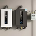 Two White And Black Wall Mounted Water Heaters With Digital Display And Gas Meter