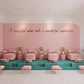 Pastel Living Room Interior With Pink Sofa Teal Walls Green Plants And Round Coffee Table