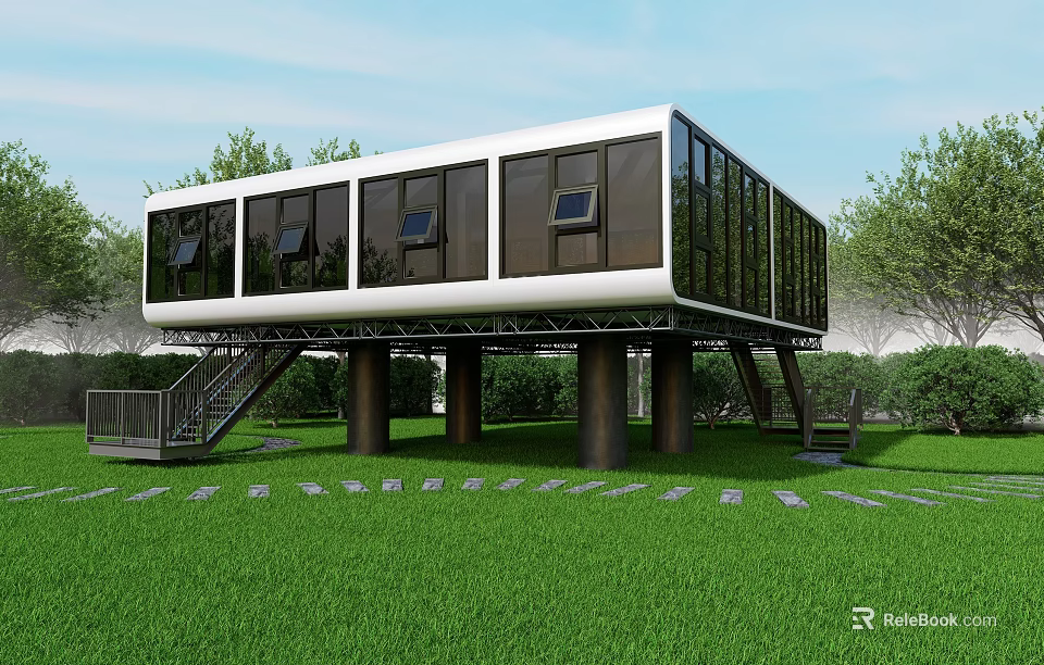 Modern Elevated Building With Glass Windows And Pillars On Green Lawn 3d model 