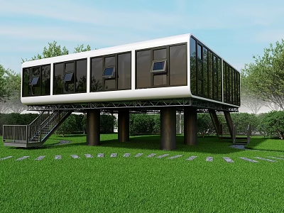 Modern Elevated Building With Glass Windows And Pillars On Green Lawn 3d model