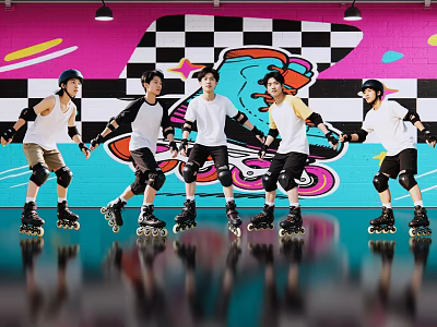 Men Roller Skating Wearing Protective Gear in Front of Colorful Graffiti Wall on Shiny Floor 3d model