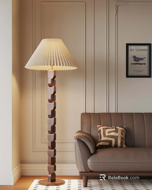Warm Living Room Setup With Pleated Floor Lamp Brown Sofa Geometric Pillow And Wall Art 3d model 