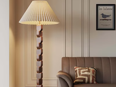 Warm Living Room Setup With Pleated Floor Lamp Brown Sofa Geometric Pillow And Wall Art 3d model