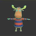 Cartoon Moose Character With Yellow Antlers Red Hat And Striped Sweater Open Arms Gray Background