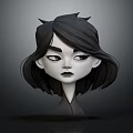 Stylized 3D Character Head Design With Short Black Hair Small Horns And Serious Facial Expression