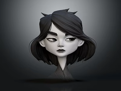 Stylized 3D Character Head Design With Short Black Hair Small Horns And Serious Facial Expression 3d model