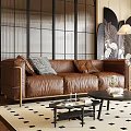 Modern Living Room Interior With Brown Leather Sofa Black Coffee Tables Glass Partition And Checkered Rug