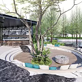 Garden Landscape With Circular Seating Area Green Plants Trees Rocks Bar Counter Water Feature