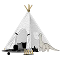 Cozy Wave Patterned Teepee Tent With Bamboo Poles Top And Dinosaur Toy In Kids Playroom