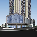 Modern High Rise Residential Building With Glass Facade Tree Surroundings And Ground Floor Shops