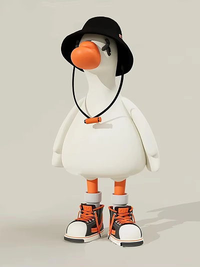 Cute Modern Cartoon Sculpture With White Body Orange Beak Feet Black Hat And Roller Skates 3d model
