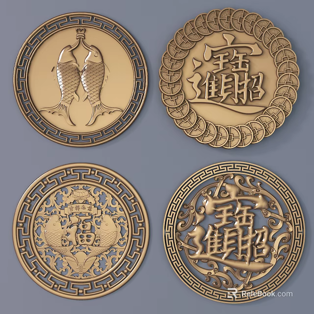 Traditional Chinese Carved Circular Designs With Auspicious Fish Fortune Characters And Intricate Patterns 3d model 
