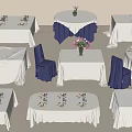Elegant Event Table Settings With Various Shapes White Purple Tablecloths And Flower Vases