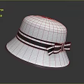 White Striped Woven Hat With Decorative Bow And Wide Brim Design