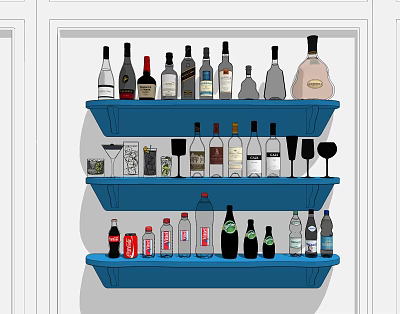 Three Blue Shelves Arranged With Various Alcohol Bottles And Wine Glasses 3d model