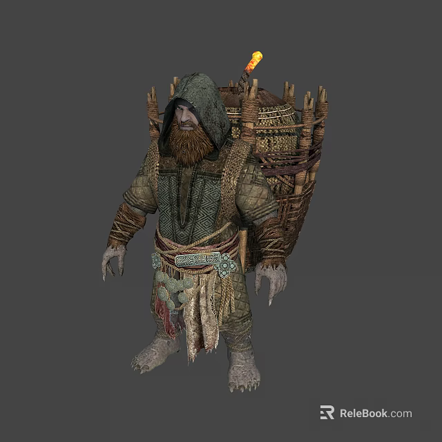 Hooded Bearded Fantasy Tribal Creature With Woven Outfit And Backpack Frame Clawed Hands 3d model 