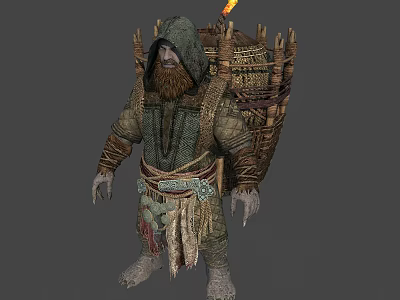 Hooded Bearded Fantasy Tribal Creature With Woven Outfit And Backpack Frame Clawed Hands 3d model