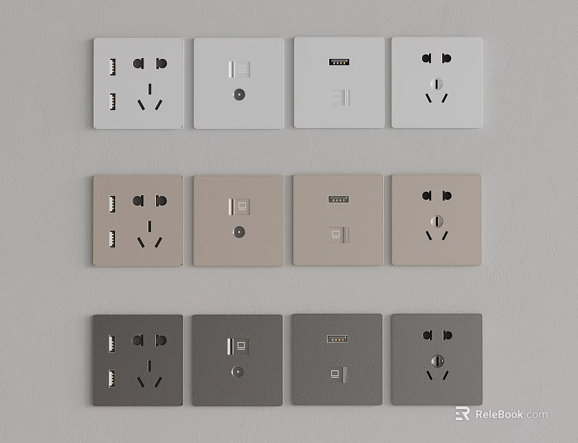Modern Switch Panels in White Beige and Gray with USB Ports Switches and Sockets 3d model 