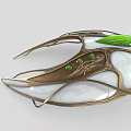 Ornate Golden And White Curved Decorative Piece With Green Gemstones And Carved Patterns