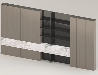 Modern Accent Wall Design With Wooden Panels Marble Countertop And Open Shelves 3d model