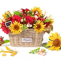Colorful Flower Basket Arrangement With Sunflowers Red Roses Green Leaves Berries And Scattered Petals