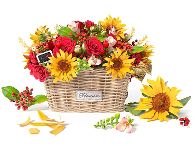 flower basket bouquet flower sunflower rose flower bamboo basket 3d model