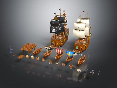 Detailed Wooden Sailboats Models With Black And White Sails Small Boats Barrels And Pirate Figures 3d model