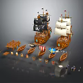 Detailed Wooden Sailboats Models With Black And White Sails Small Boats Barrels And Pirate Figures
