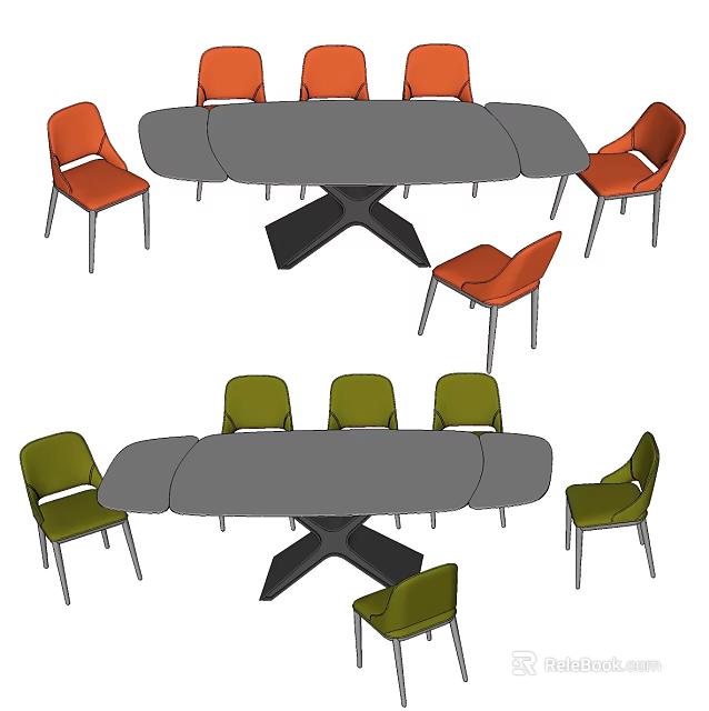 Modern Gray Dining Table Set With Orange And Green Chairs Design 3d model 